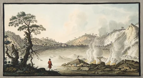 Vista de Solfaterra, Placa XXV, de &39;Campi Phlegraei: Observações sobre os vulcões das Duas Sicílias&39;, de Sir William Hamilton (1730-1803), publicado em 1776 (gravura colorida à mão)